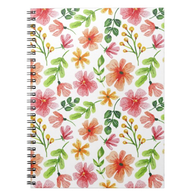 Cuaderno Patrón de flores rosadas en acuarela (Frente)