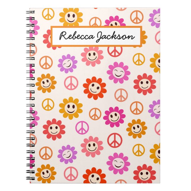 Cuaderno Patrón de flores sonrientes con signos de paz para (Frente)