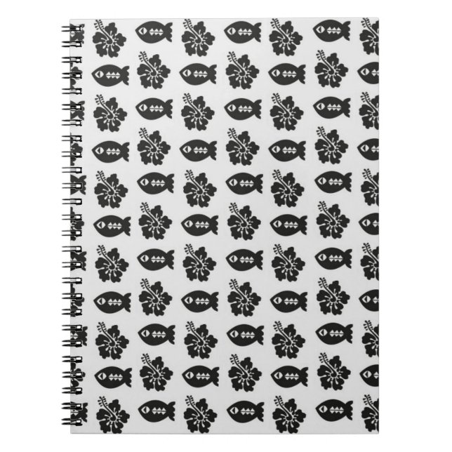 Cuaderno Patrón de flores y peces Tiki en blanco y negro (Frente)