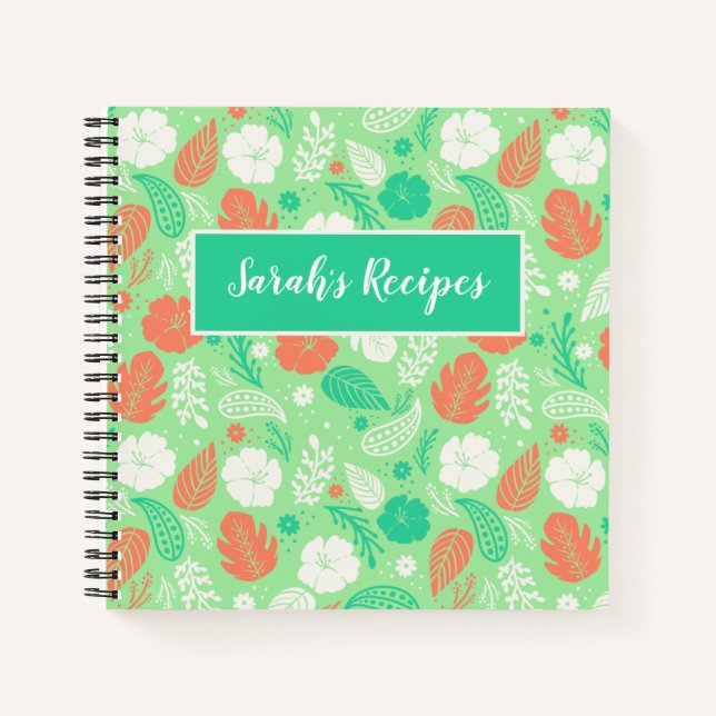 Cuaderno Patrón de follaje tropical verde y Naranja (Anverso)