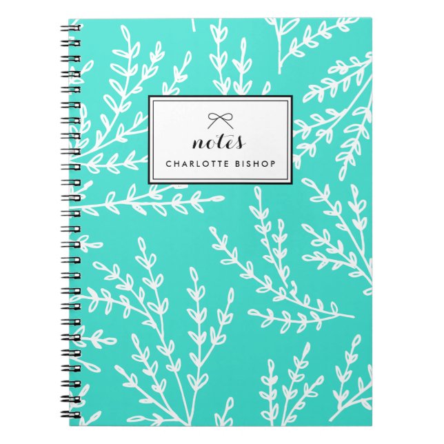 Cuaderno Patrón de follaje turquesa personalizado (Frente)