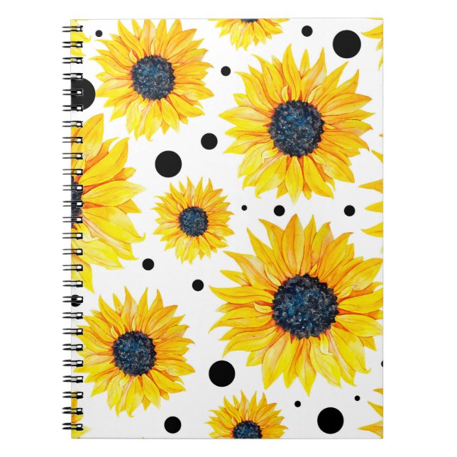 Cuaderno Patrón de fondo blanco de girasoles amarillos (Frente)