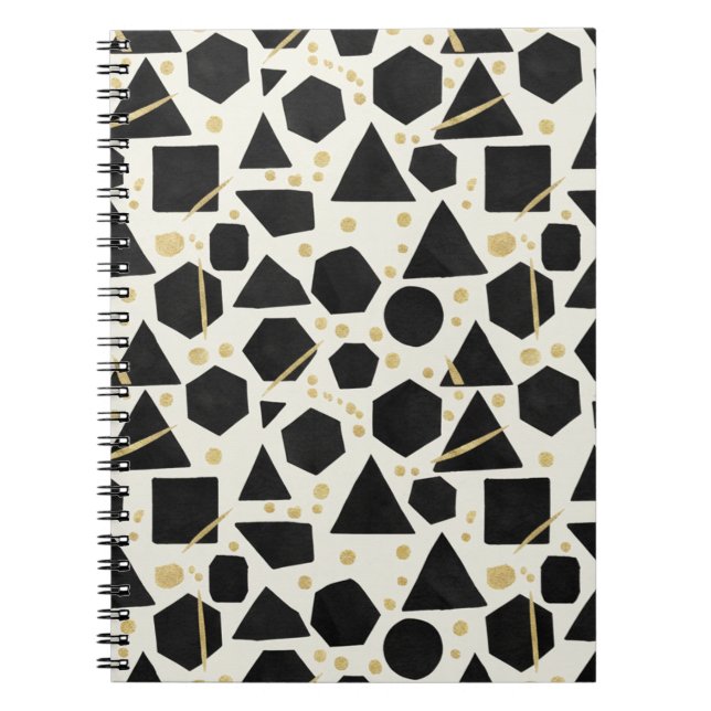 Cuaderno Patrón de formas negras y confeti dorado (Frente)