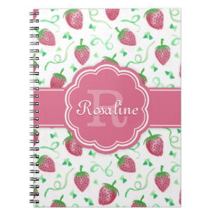 Cuaderno Patrón de fresa acuarela con monograma