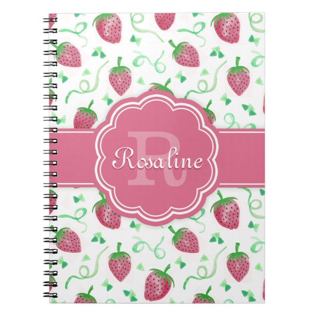 Cuaderno Patrón de fresa acuarela con monograma (Frente)