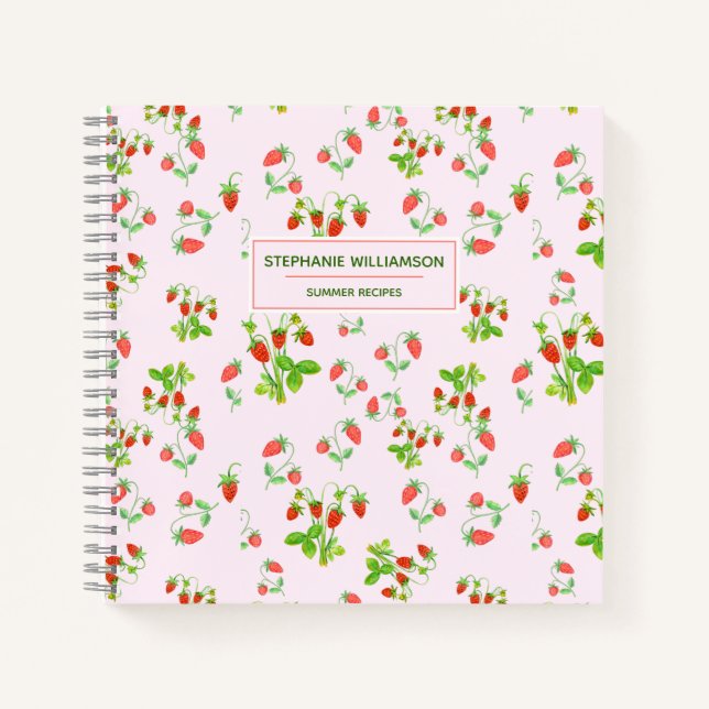 Cuaderno Patrón de fresa acuarela en rosa Rubor (Anverso)