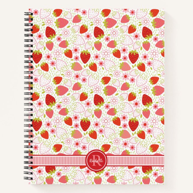 Cuaderno Patrón de fruta de fresa con monograma (Anverso)