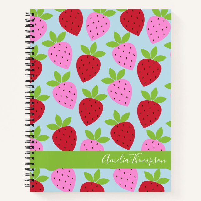 Cuaderno Patrón de fruta de fresa retro personalizado azul (Anverso)