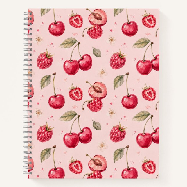 Cuaderno Patrón de Frutas Acuarela de Cereza Frambuesa (Anverso)