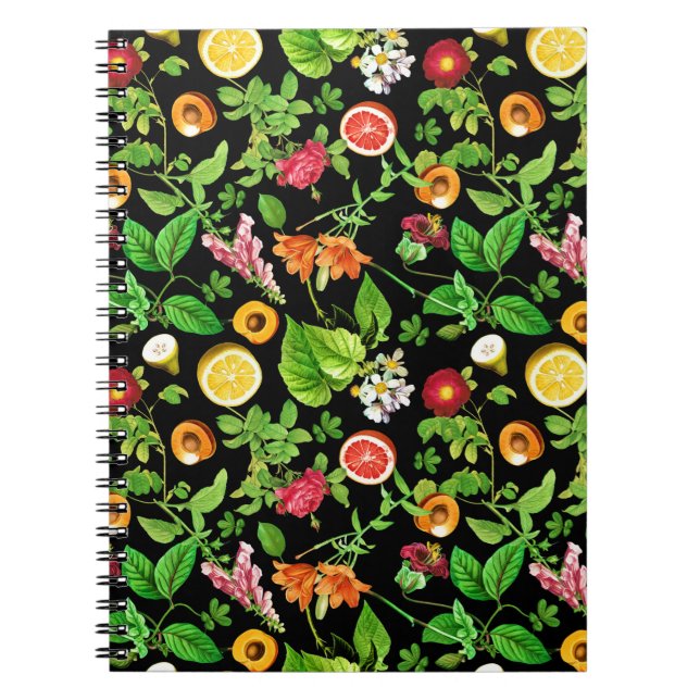 Cuaderno Patrón de frutas y hojas sobre negro (Frente)