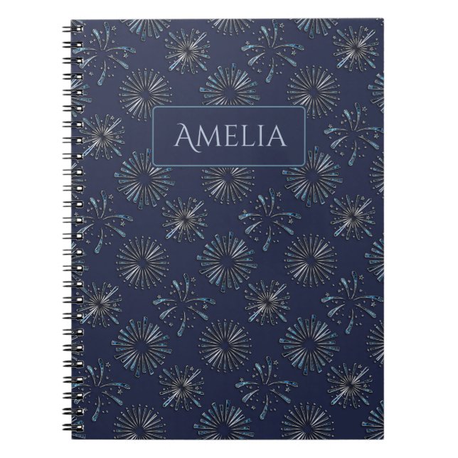 Cuaderno Patrón de Fuegos Artificiales Ornamentados Azules  (Frente)