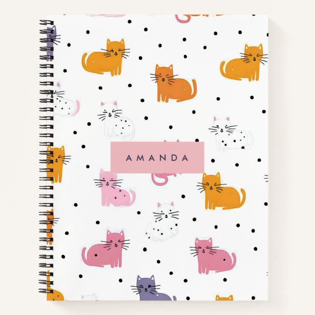 Cuaderno Patrón de gato juguetón personalizado con puntos d (Anverso)