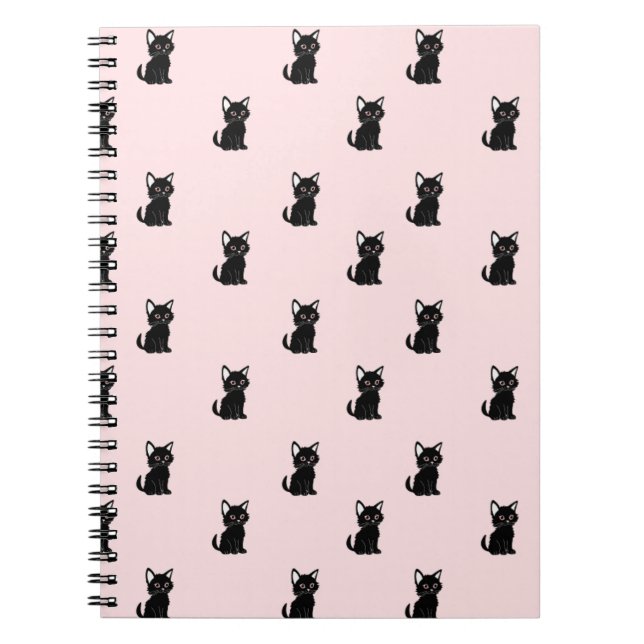 Cuaderno Patrón de gato negro lindo sobre rosa pastel (Frente)