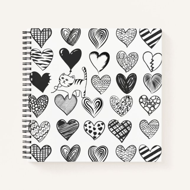Cuaderno Patrón de gato y corazón negro y blanco (Anverso)