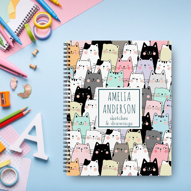 Cuaderno Patrón de gatos Kawaii lindos personalizar nombre (Subido por el creador)