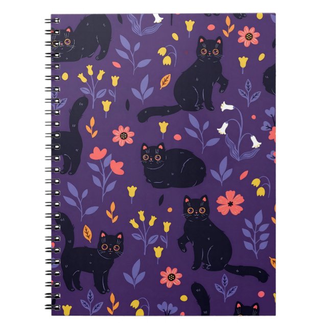 Cuaderno patrón de Gatos Negros y Flores Silvestres (Frente)
