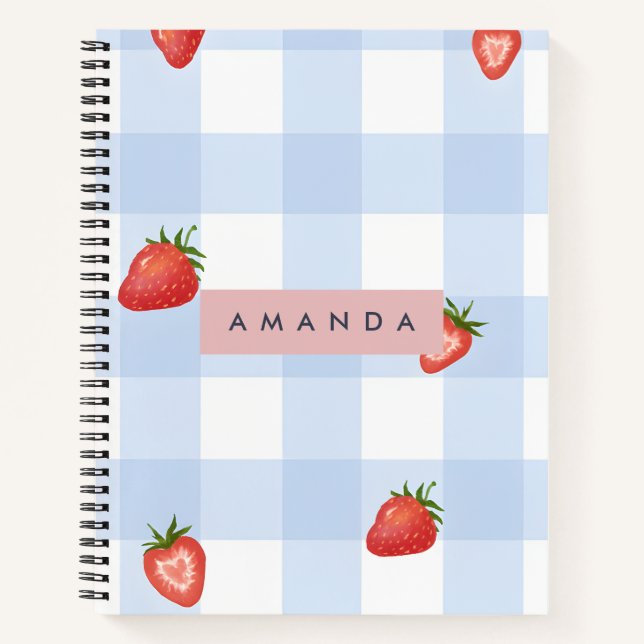 Cuaderno Patrón de Gingham de fresa y azul personalizado (Anverso)