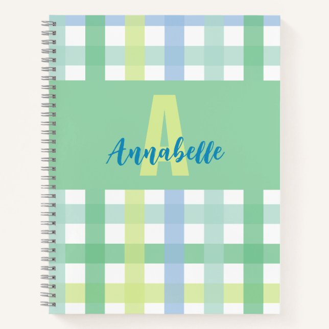 Cuaderno Patrón de Gingham de Monograma Lime Pastel Verde A (Anverso)