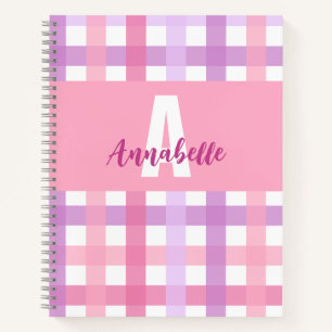 Cuaderno Patrón de Gingham de Monograma Púrpura Pink
