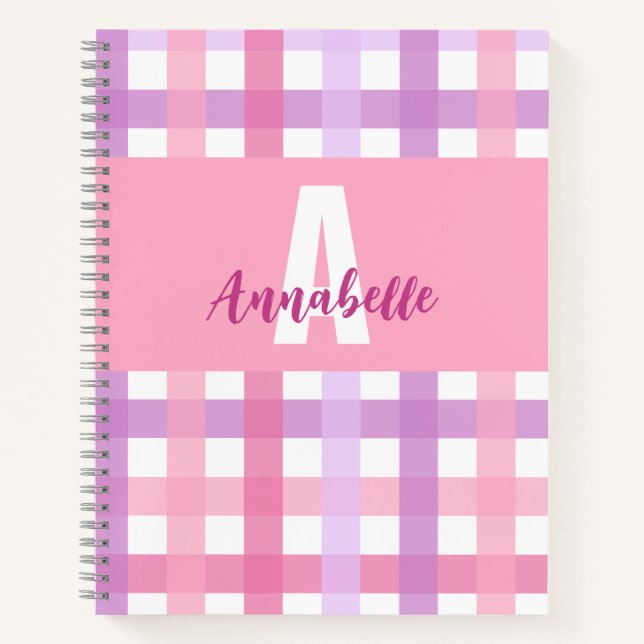 Cuaderno Patrón de Gingham de Monograma Púrpura Pink (Anverso)