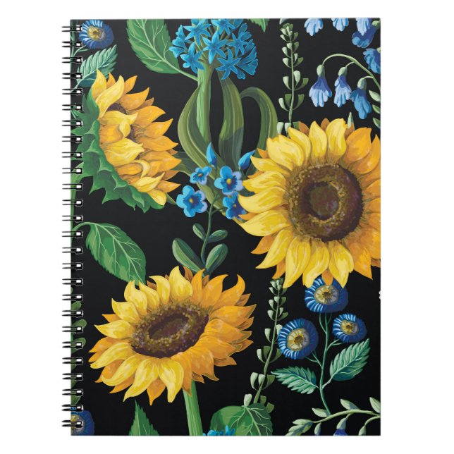 Cuaderno Patrón de girasol de fondo negro (Frente)