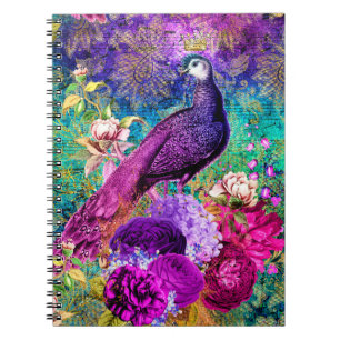 Cuaderno Patrón de Grunge de Pavo Real Ilustrado Vintage