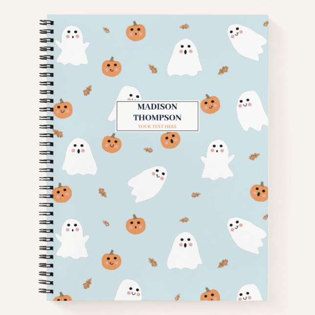 Cuaderno Patrón de Halloween azul dulce fantasma y calabaza (Anverso)