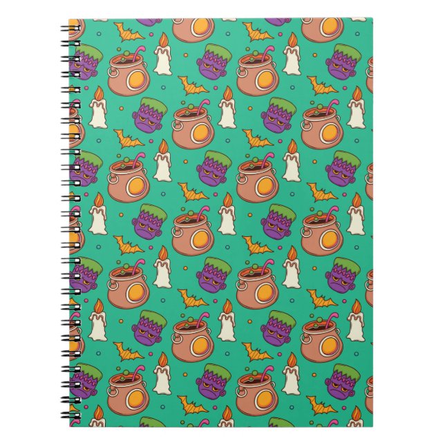 Cuaderno Patrón de Halloween con murciélagos y patrón verde (Frente)