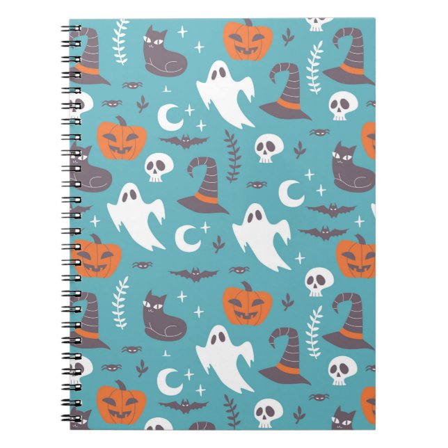 Cuaderno Patrón de Halloween de dibujos Verde azulados dive (Frente)