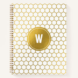 Cuaderno Patrón de hexágono blanco y dorado monogramado ini
