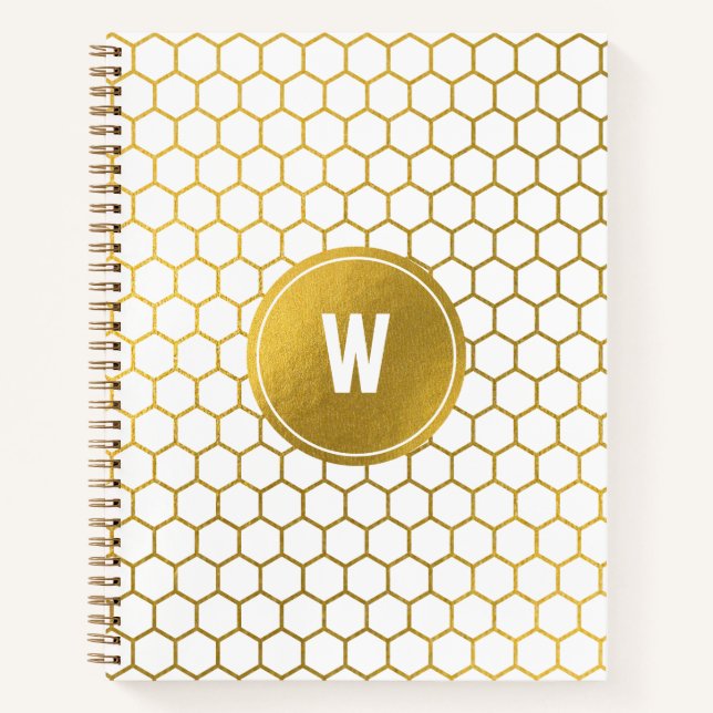 Cuaderno Patrón de hexágono blanco y dorado monogramado ini (Anverso)