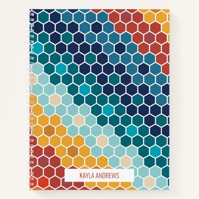 Cuaderno Patrón de hexágono de mosaico retro-floral colorid (Anverso)
