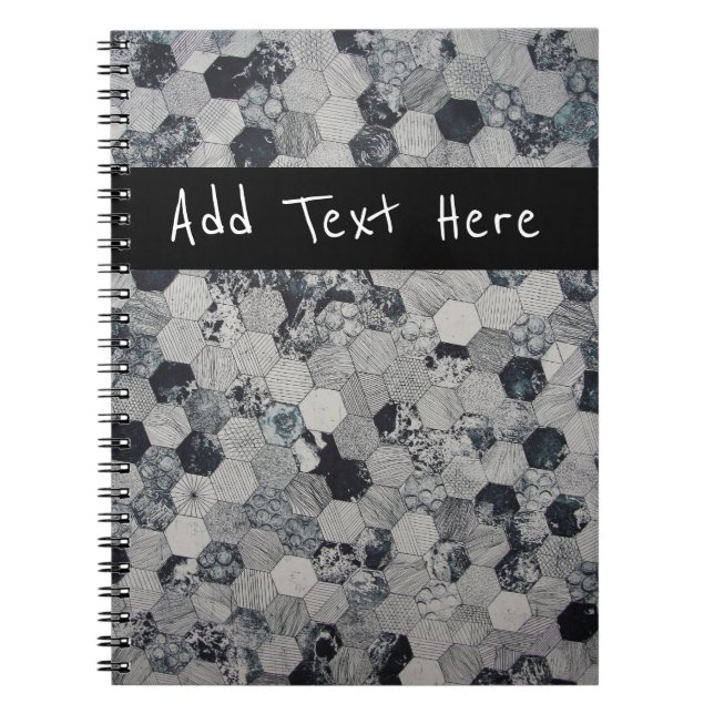 Cuaderno Patrón de hexágono geométrico, blanco y negro (Frente)