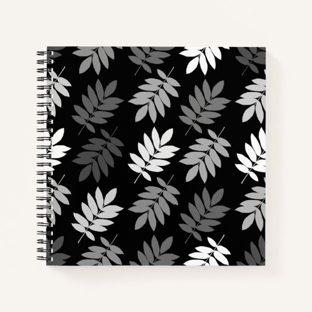 Cuaderno Patrón de hoja de anciano negro blanco gris (Anverso)