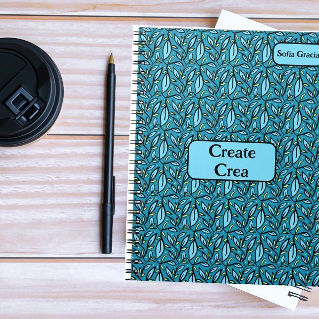 Cuaderno Patrón de hojas azules Creación/Crea y Nombre bili (Bilingual Blue leaves, pattern custom text & name Create Crea, Spanish, Multilingual Project)