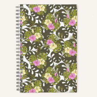 Cuaderno Patrón de hojas de jungla tropical e hibisco