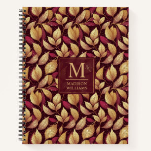Cuaderno Patrón de hojas de otoño de brillo dorado y granat