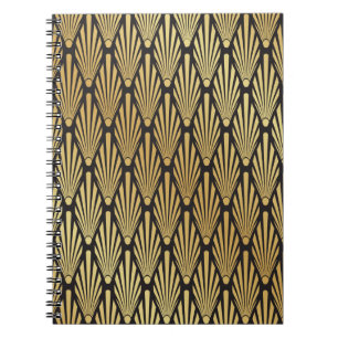 Cuaderno Patrón de hojas de palma Art Deco sin foco, negro