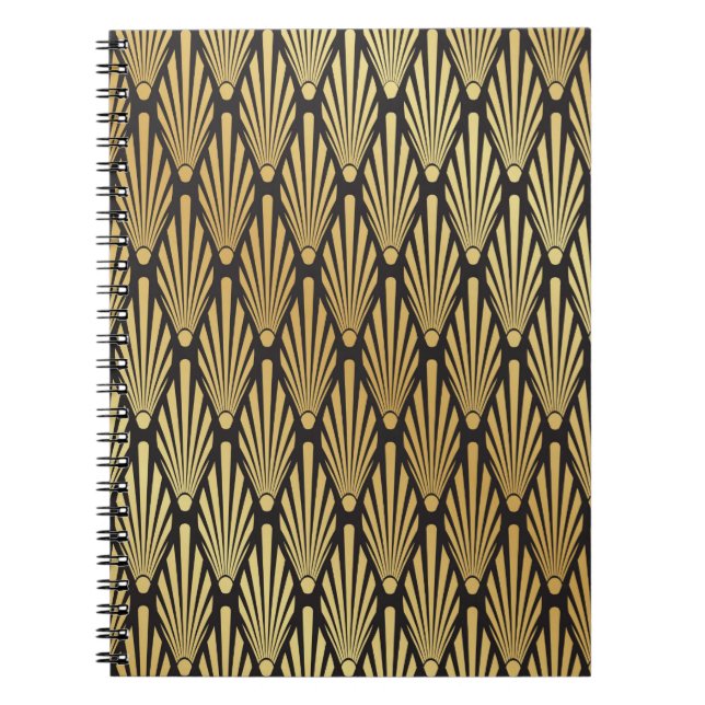 Cuaderno Patrón de hojas de palma Art Deco sin foco, negro  (Frente)