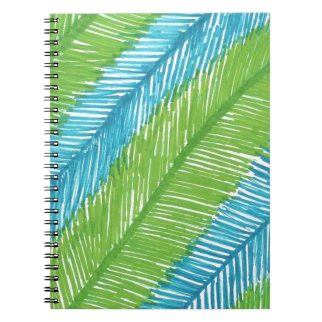 Cuaderno Patrón de hojas de palma verdes y azules (Frente)