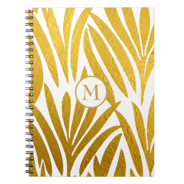 Cuaderno Patrón de hojas Monogramado Elegante Faux Gold Lea (Frente)