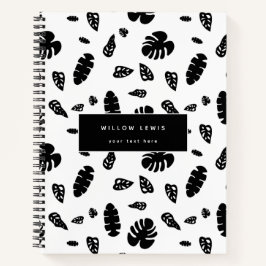 Cuaderno Patrón de hojas tropicales de verano negras y blan