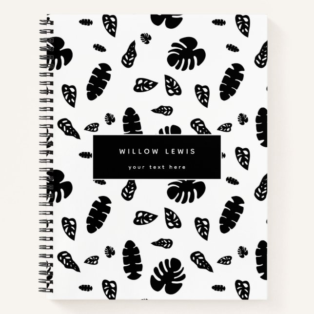 Cuaderno Patrón de hojas tropicales de verano negras y blan (Anverso)