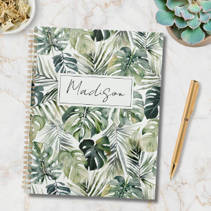 Cuaderno Patrón de hojas tropicales verdes de acuarela con