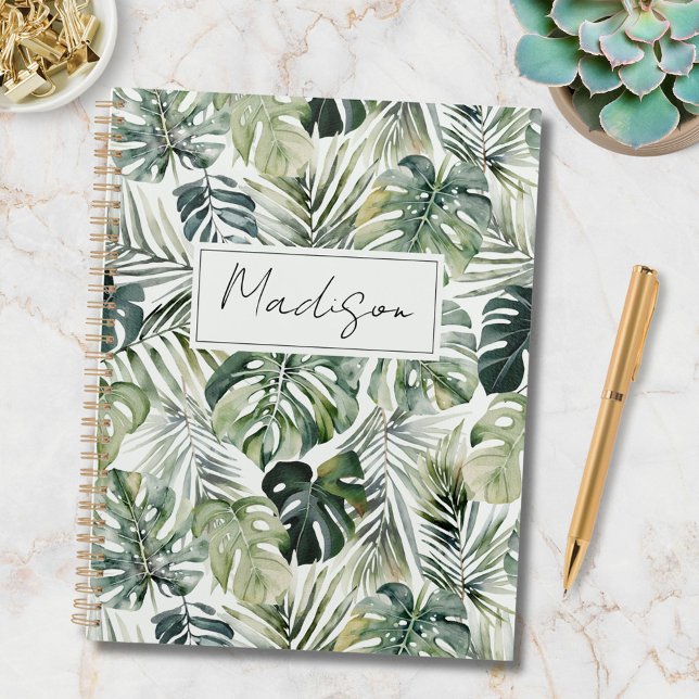 Cuaderno Patrón de hojas tropicales verdes de acuarela con  (In situ)