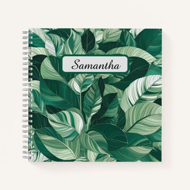 Cuaderno Patrón de hojas verdes modernas personalizado (Anverso)
