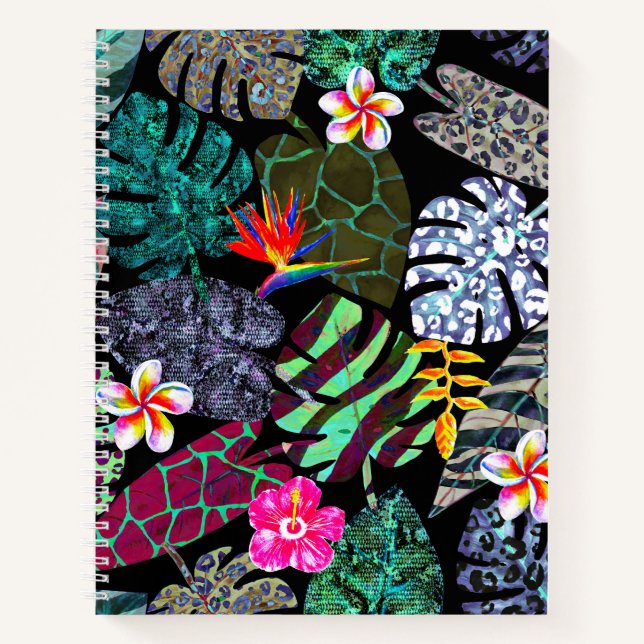 Cuaderno Patrón de hojas y flores tropicales vibrantes (Anverso)