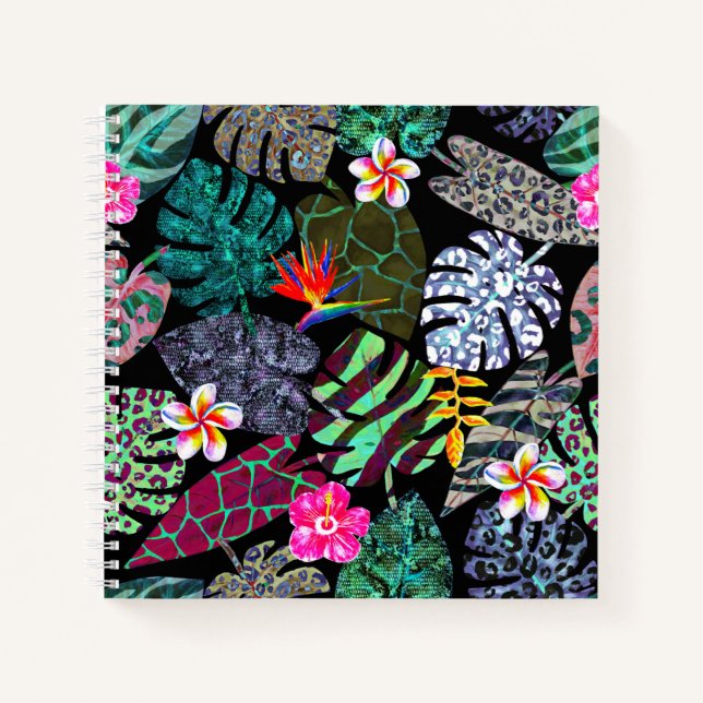 Cuaderno Patrón de hojas y flores tropicales vibrantes (Anverso)