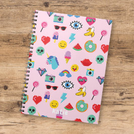 Cuaderno Patrón de iconos Emojis Rosa Lindo de los 80 