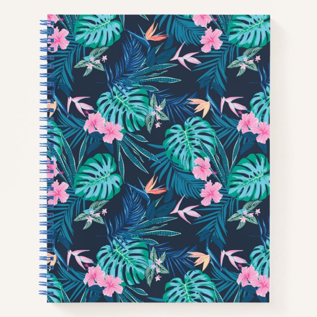 Cuaderno Patrón de jardín de flores tropical azul (Anverso)